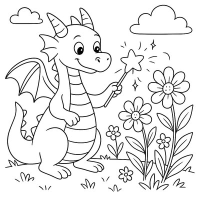 A Friendly Dragon Helping Flowers Bloom With Magic