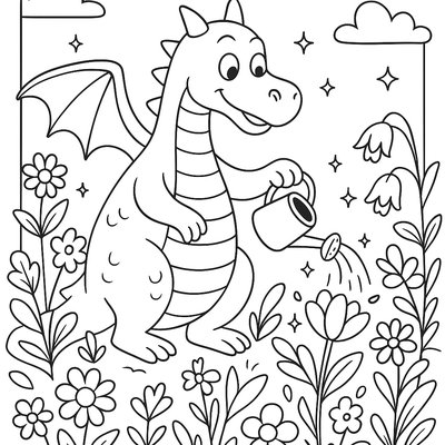 A Friendly Dragon Tending Magical Garden