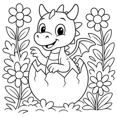 Baby Dragon Hatching From Egg In Flower Bed