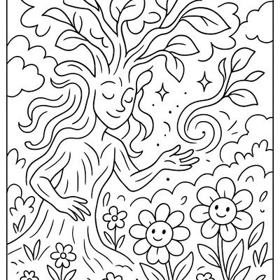 A Tree Spirit Awakening Flowers With Magic