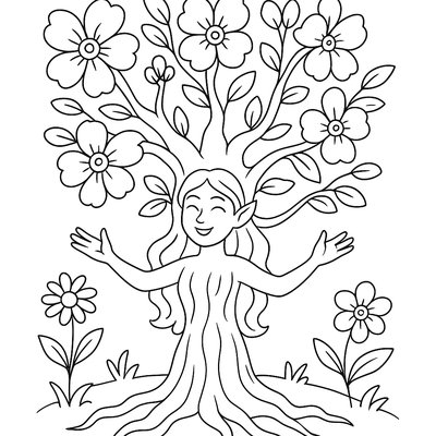 A Tree Spirit Awakening With Flowers Blooming From Its Branches
