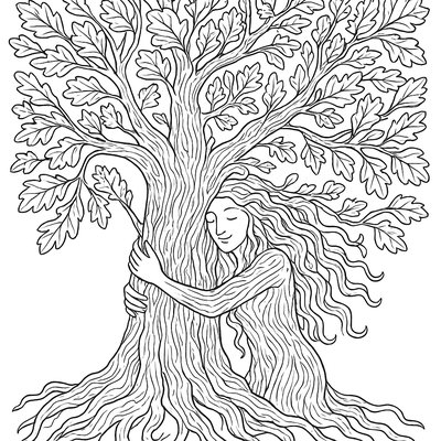 A Tree Spirit Embracing An Ancient Oak Covered In New Green Leaves