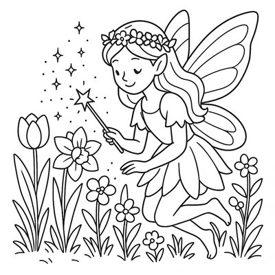 Fairy Tending To Spring Flowers With Magic Sparkles