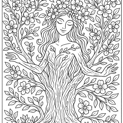 Nature Spirit Emerging From A Blooming Tree Trunk