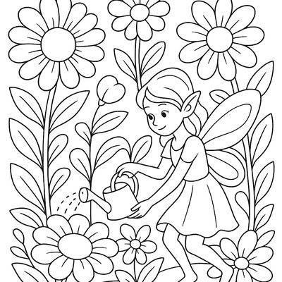 Flower Fairy Tending To A Garden Of Giant Blooms