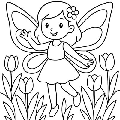 Flower Fairy With Butterfly Wings In Tulip Garden
