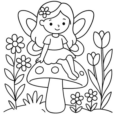 Garden Fairy Sitting On A Mushroom Surrounded By Spring Flowers