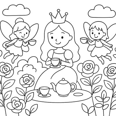 Princess Having Tea Party In Rose Garden With Fairy Friends