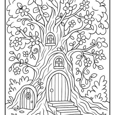 Magical Tree House With Fairy Doors And Blooming Vines