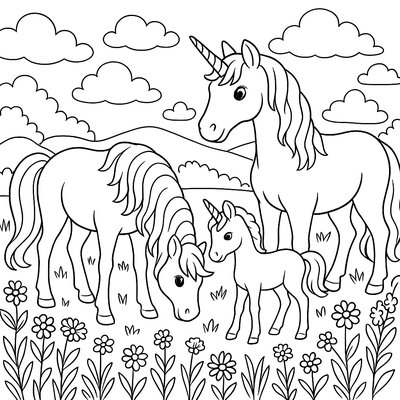 A Unicorn Family Grazing In A Meadow Full Of Wildflowers