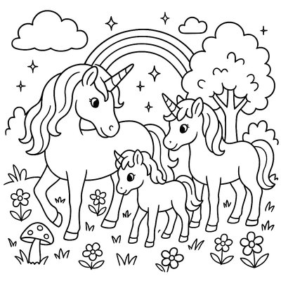 A Unicorn Family Grazing In Enchanted Meadow