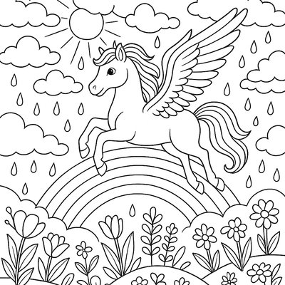 Pegasus Flying Over Rainbow After Spring Storm