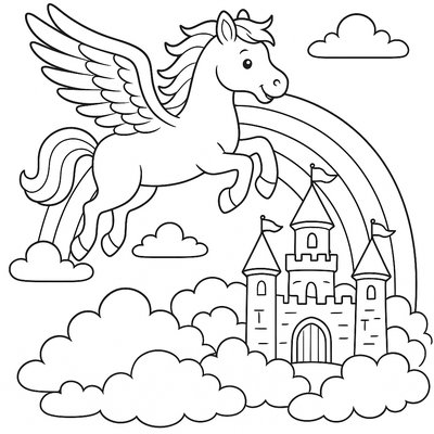 Pegasus Soaring Over Rainbow And Cloud Castle