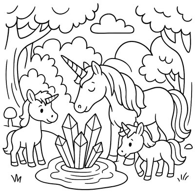 Unicorn Family Drinking From Crystal Spring In Enchanted Forest