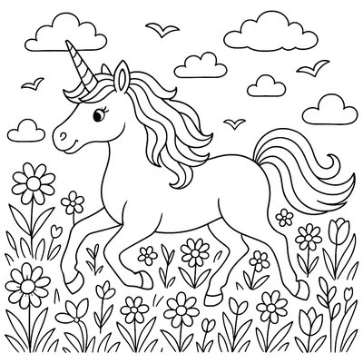 Unicorn Galloping Through Field Of Spring Flowers