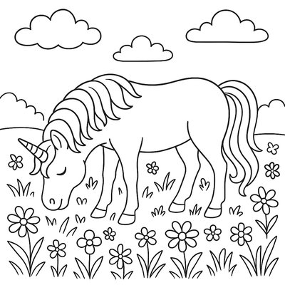 Unicorn Grazing In Meadow Of Spring Flowers