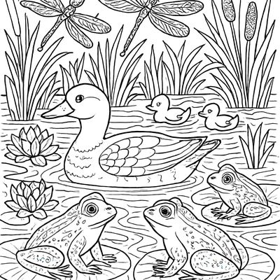 A Pond With Ducks, Frogs, And Dragonflies