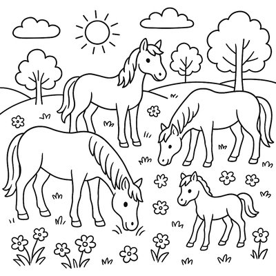 Horses Grazing In A Spring Meadow With Foals