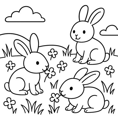 Wild Rabbits Eating Clover In Meadow