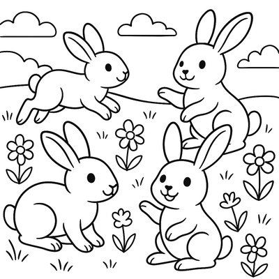 Wild Rabbits Playing In Country Meadow With Spring Flowers