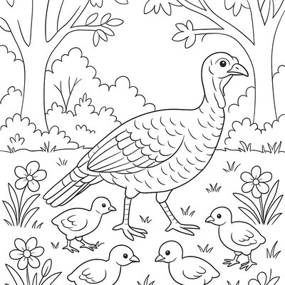 Wild Turkey Family Foraging In Woodland Clearing With Spring Flowers
