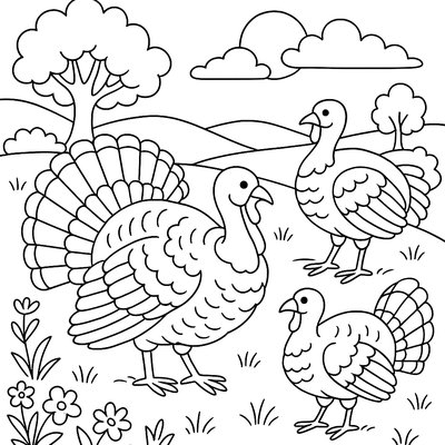 Wild Turkeys Strutting Through Country Meadow
