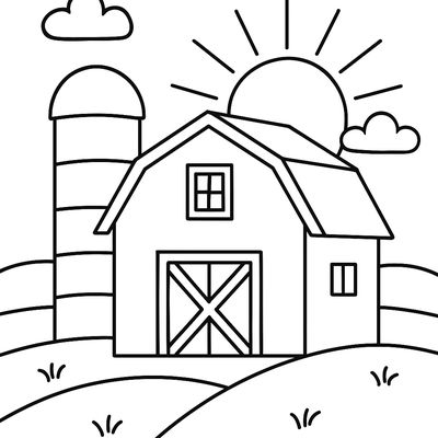 A Big Red Barn With A Silo At Sunrise