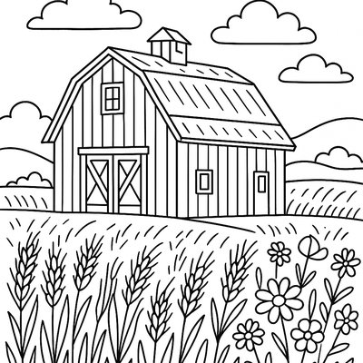 A Red Barn With Fields Of Spring Wheat And Wildflowers