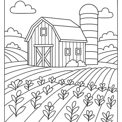 Red Barn With Silo Surrounded By Fields Of Spring Crops