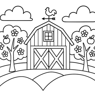 Red Barn With Weathervane Surrounded By Blooming Fruit Trees