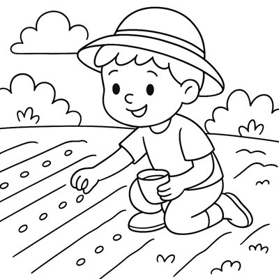 A Child Planting Seeds In Neat Garden Rows
