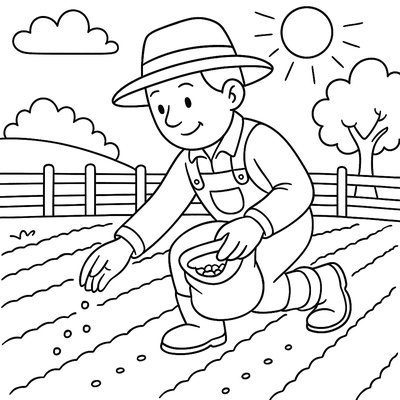 A Farmer Planting Seeds In Neat Garden Rows
