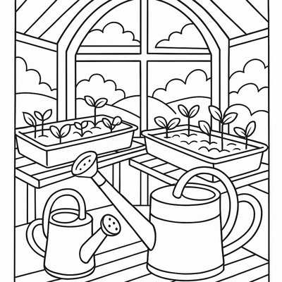 A Greenhouse Filled With Seedling Trays And Watering Cans