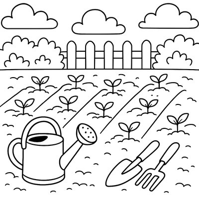 A Vegetable Garden With Rows Of Sprouting Plants And Garden Tools