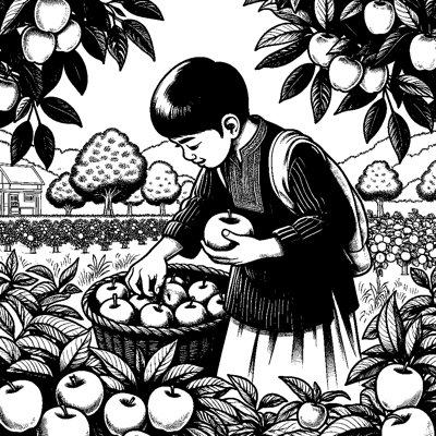 An Apple Orchard With A Child Picking Apples