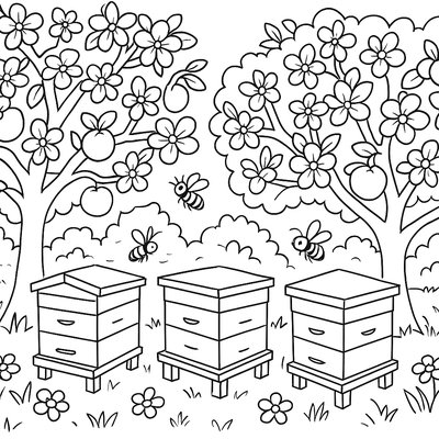 Apple Orchard In Full Bloom With Ladder