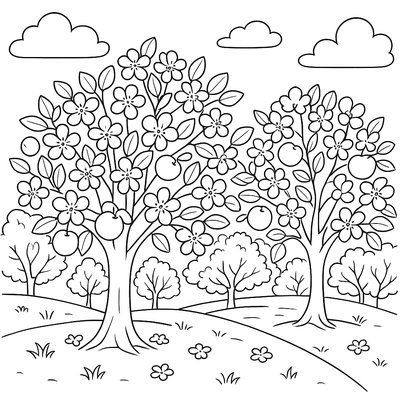 Apple Trees Blooming In A Countryside Orchard