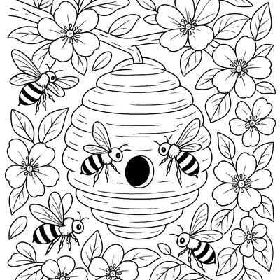 Beehive With Busy Bees Pollinating Apple Blossoms