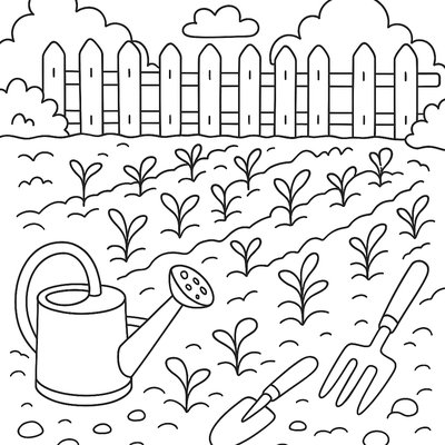 Vegetable Garden With Rows Of Sprouting Plants And Garden Tools