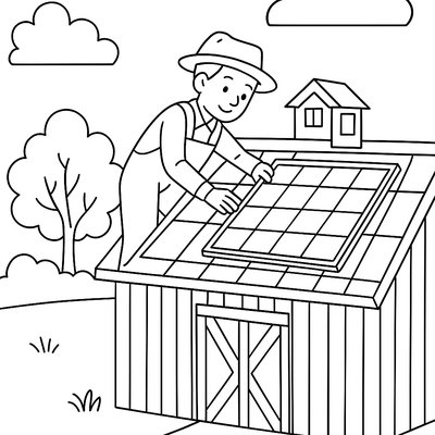 A Farmer Installing Solar Panels On A Red Barn Roof