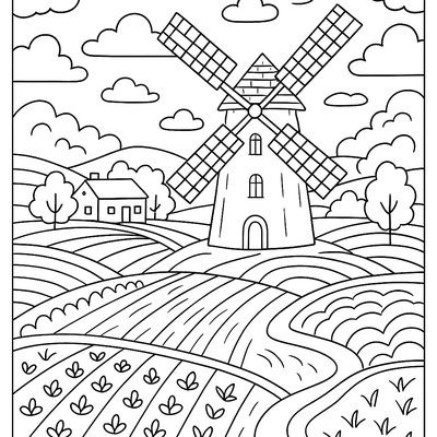 Farm With Crop Rotation Fields And Windmill