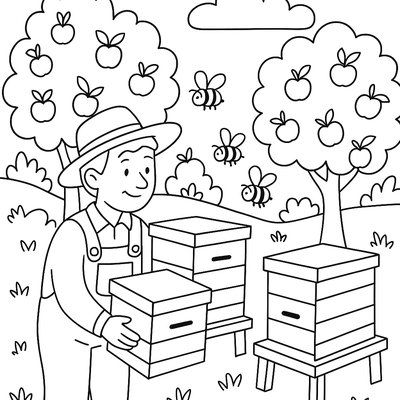 Farmer Using Beehives For Crop Pollination In Orchard