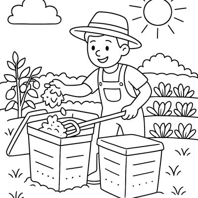 Farmer Using Composting Bins In Vegetable Garden
