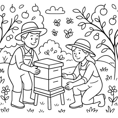 Farmers Installing Bee Houses In An Organic Orchard