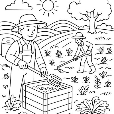 Farmers Using Composting Bins And Organic Methods In Fields