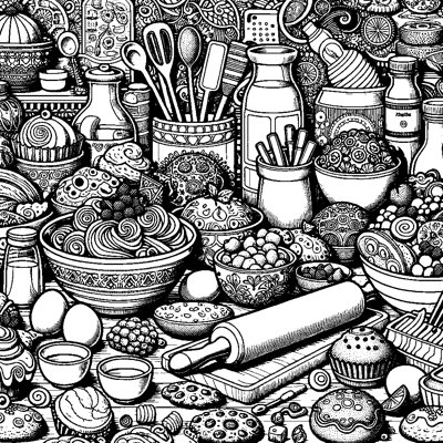 A Kitchen Counter With Baking Ingredients And Tools