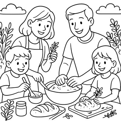 Family Making Fresh Bread With Herbs From Garden