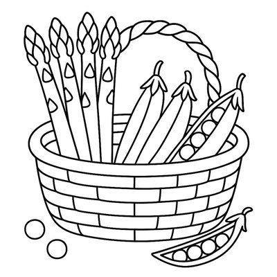 A Basket Of Fresh Asparagus And Spring Peas
