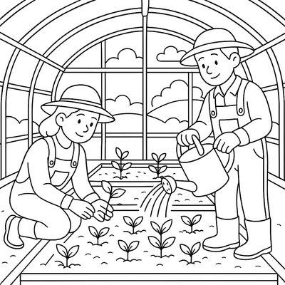 A Greenhouse With Organic Seedlings Being Tended By Farmers