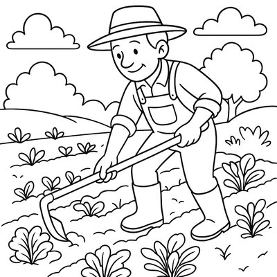 Farmer Using A Hoe To Tend To Organic Vegetable Rows